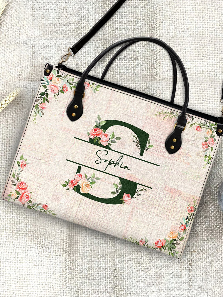 Floral Monogram Name - Gift For Her - Personalized Leather Bag 4