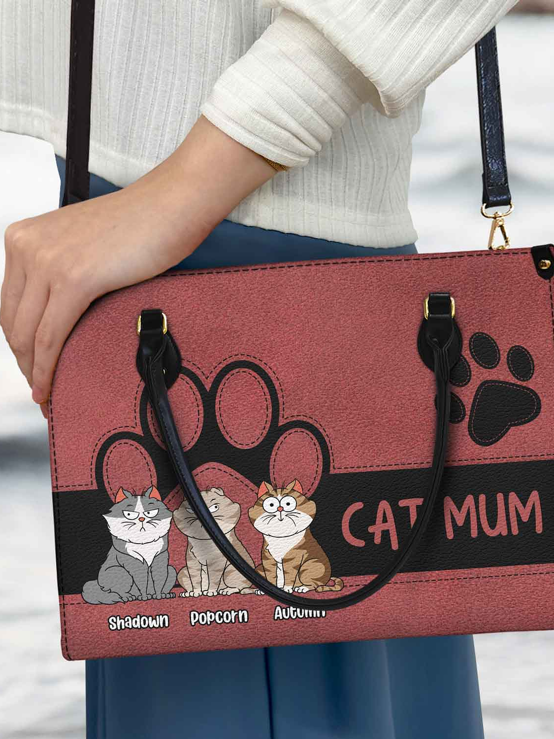 Cat Mom Funny Cartoon Style - Gift For Cat Lovers - Personalized Leather Bag 3