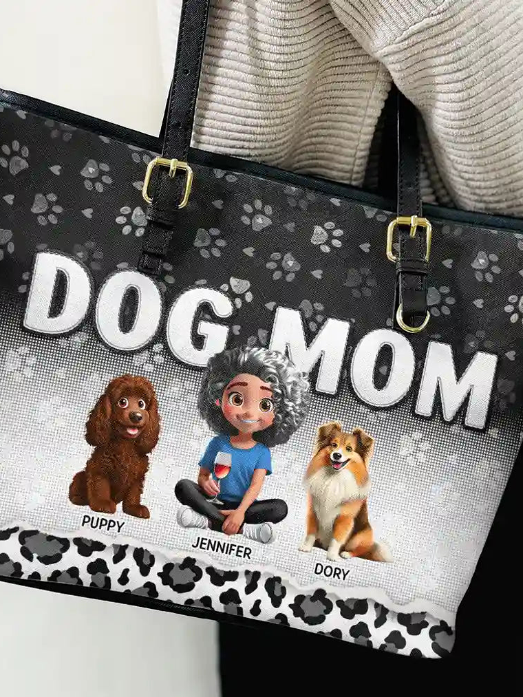 Leopard Dog Mom - Personalized Leather Tote Bag 3