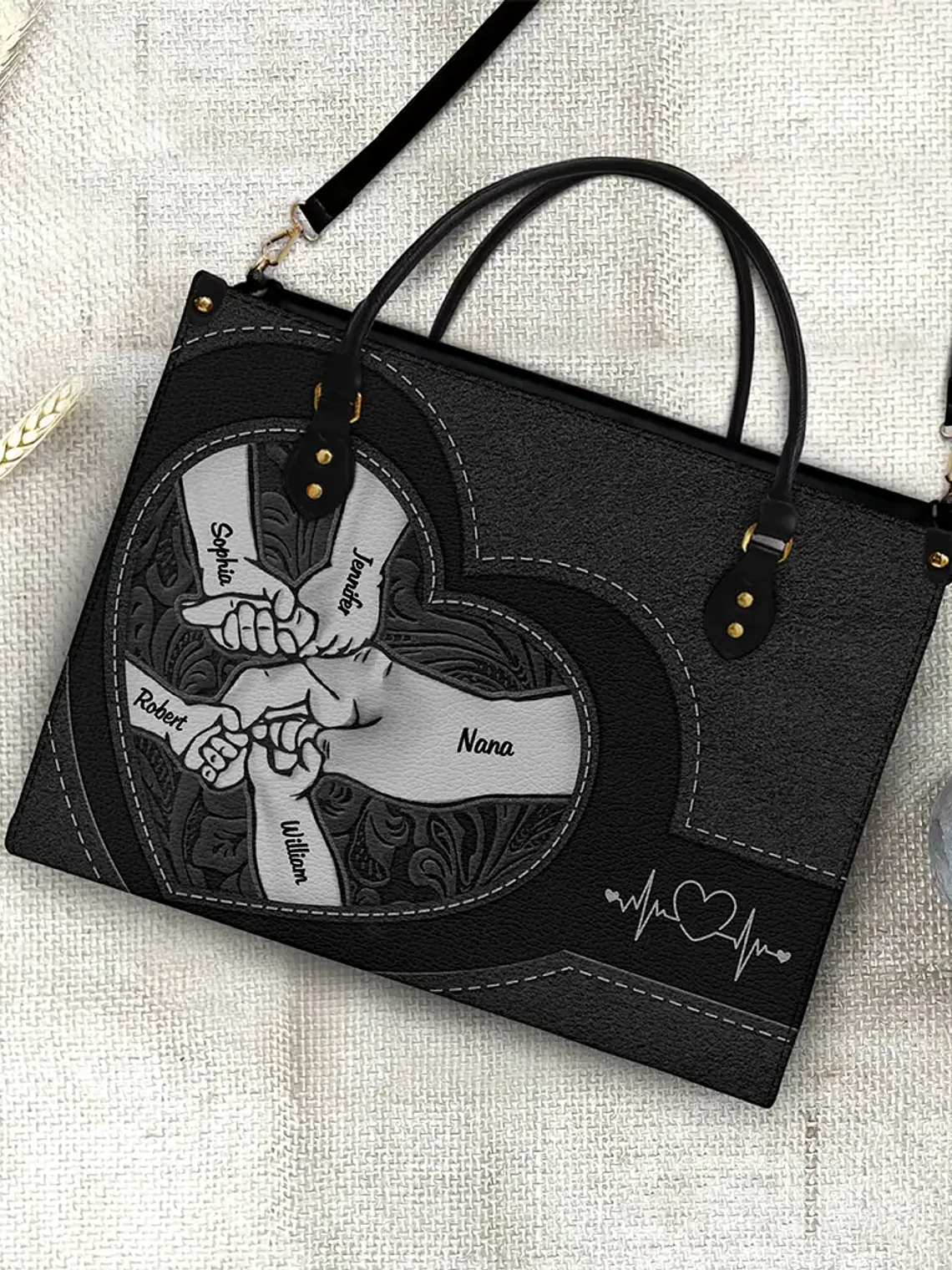 Hands In Hands Mom Nana And Children - Personalized Leather Bag 4