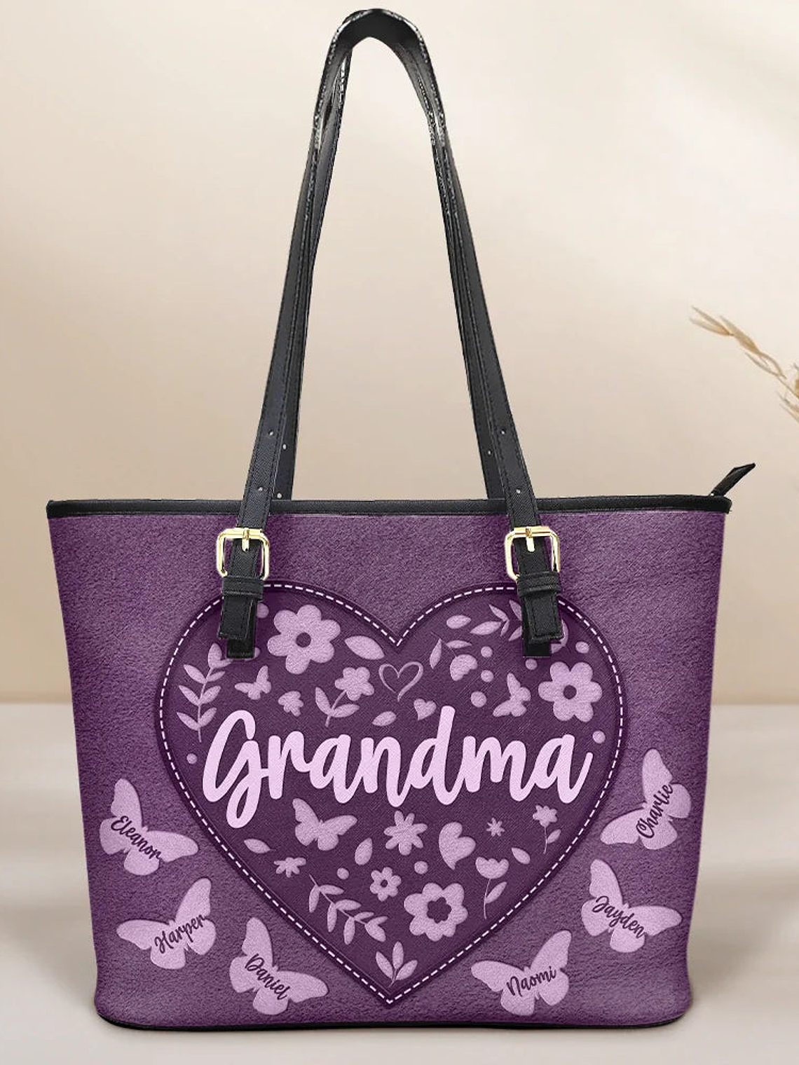 Grandma Leather Floral - Personalized Leather Tote Bag 1
