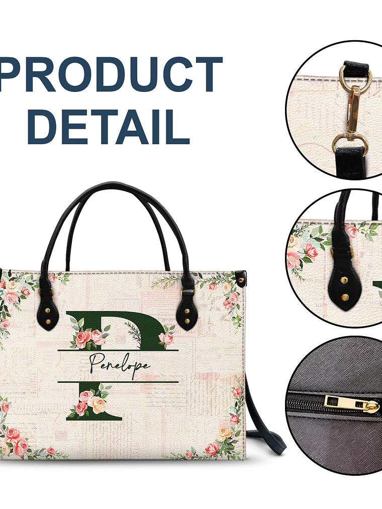 Floral Monogram Name - Gift For Her - Personalized Leather Bag 6