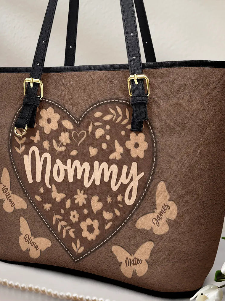 Grandma Leather Floral - Personalized Leather Tote Bag 2