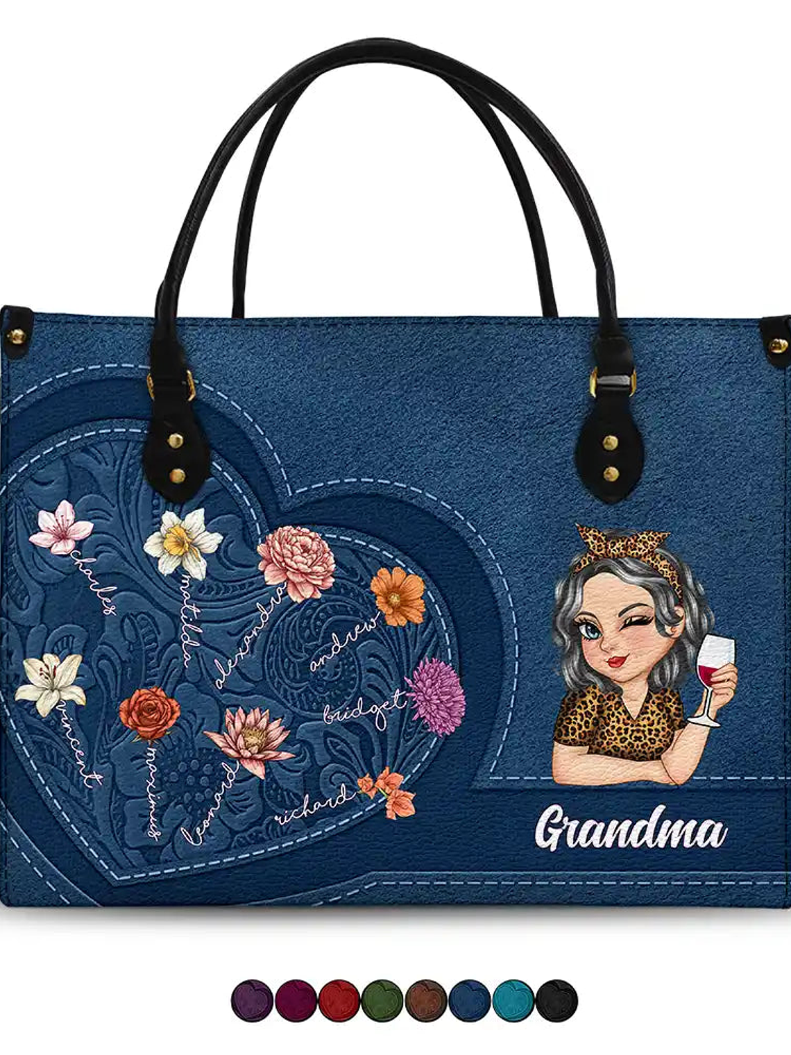Grandma Birth Month Flowers Kids - Personalized Leather Bag 1