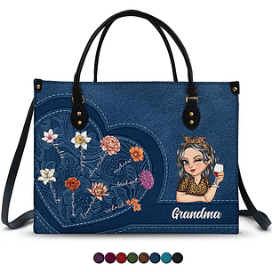 Grandma Birth Month Flowers Kids - Personalized Leather Bag