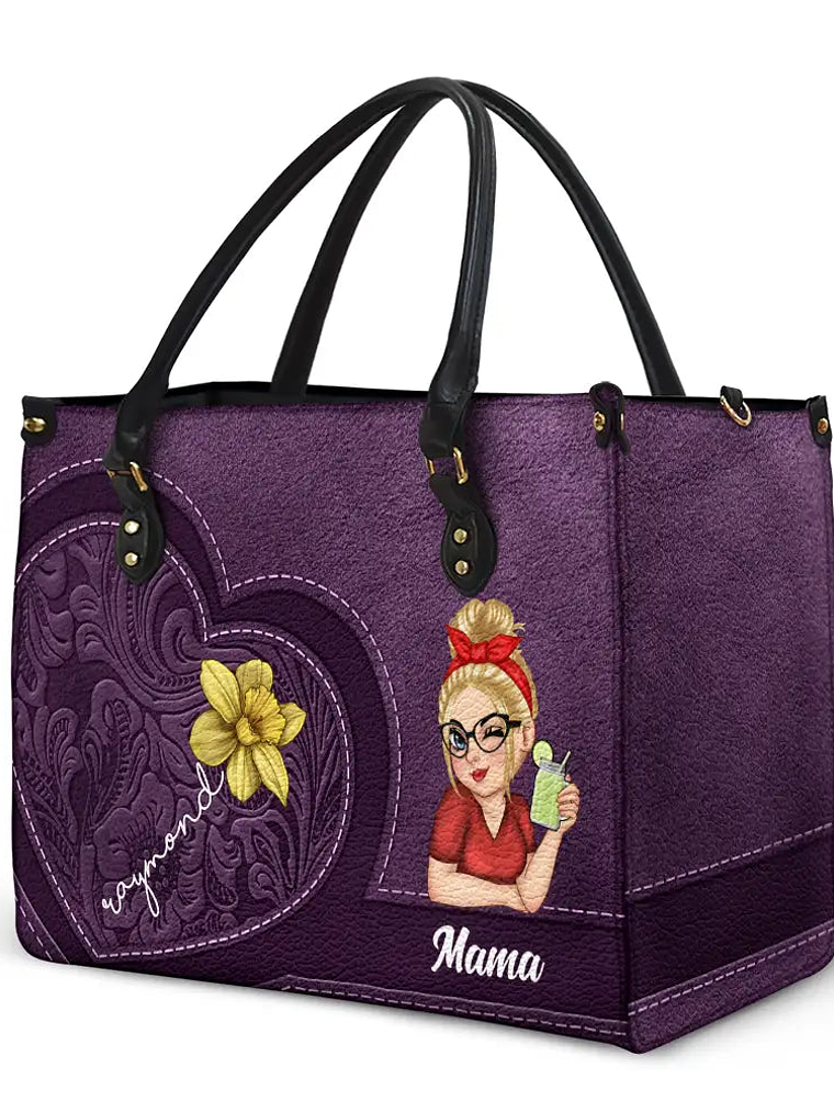 Grandma Birth Month Flowers Kids - Personalized Leather Bag 2