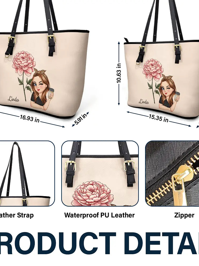 Birth Month Flower Blooming - Personalized Leather Tote Bag 6