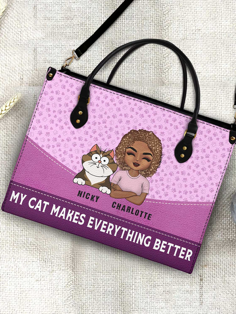 Cats Make Everything Better - Birthday, Loving Gift For Cat Moms, Cat Lovers - Personalized Leather Bag 4