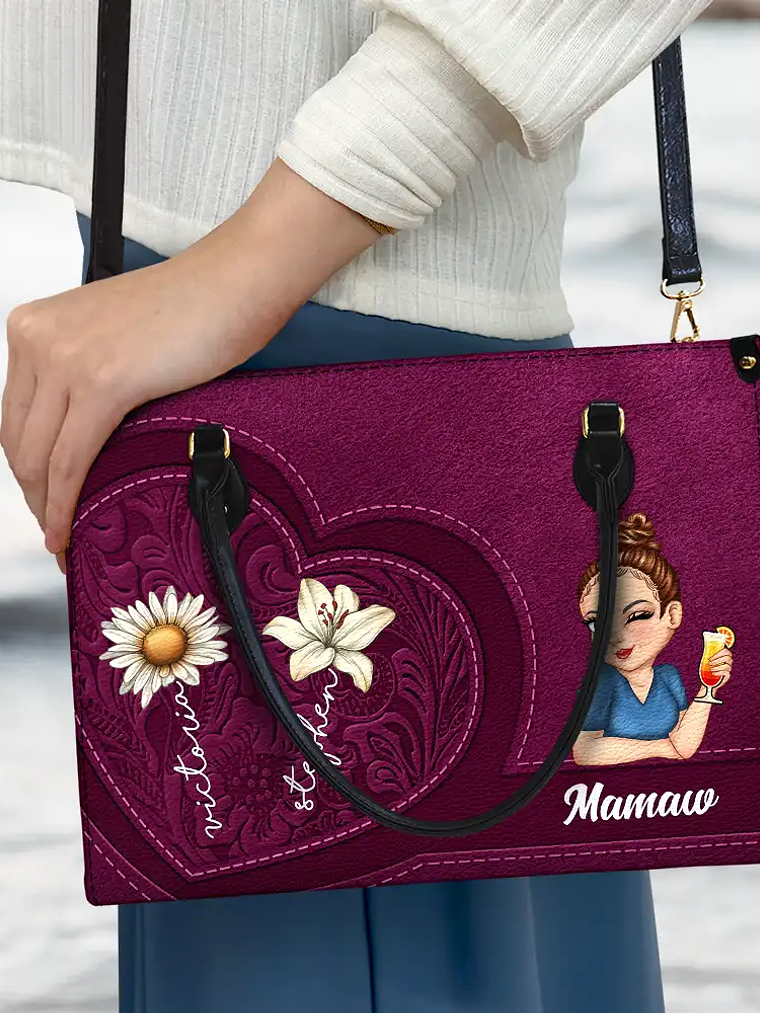 Grandma Birth Month Flowers Kids - Personalized Leather Bag 3