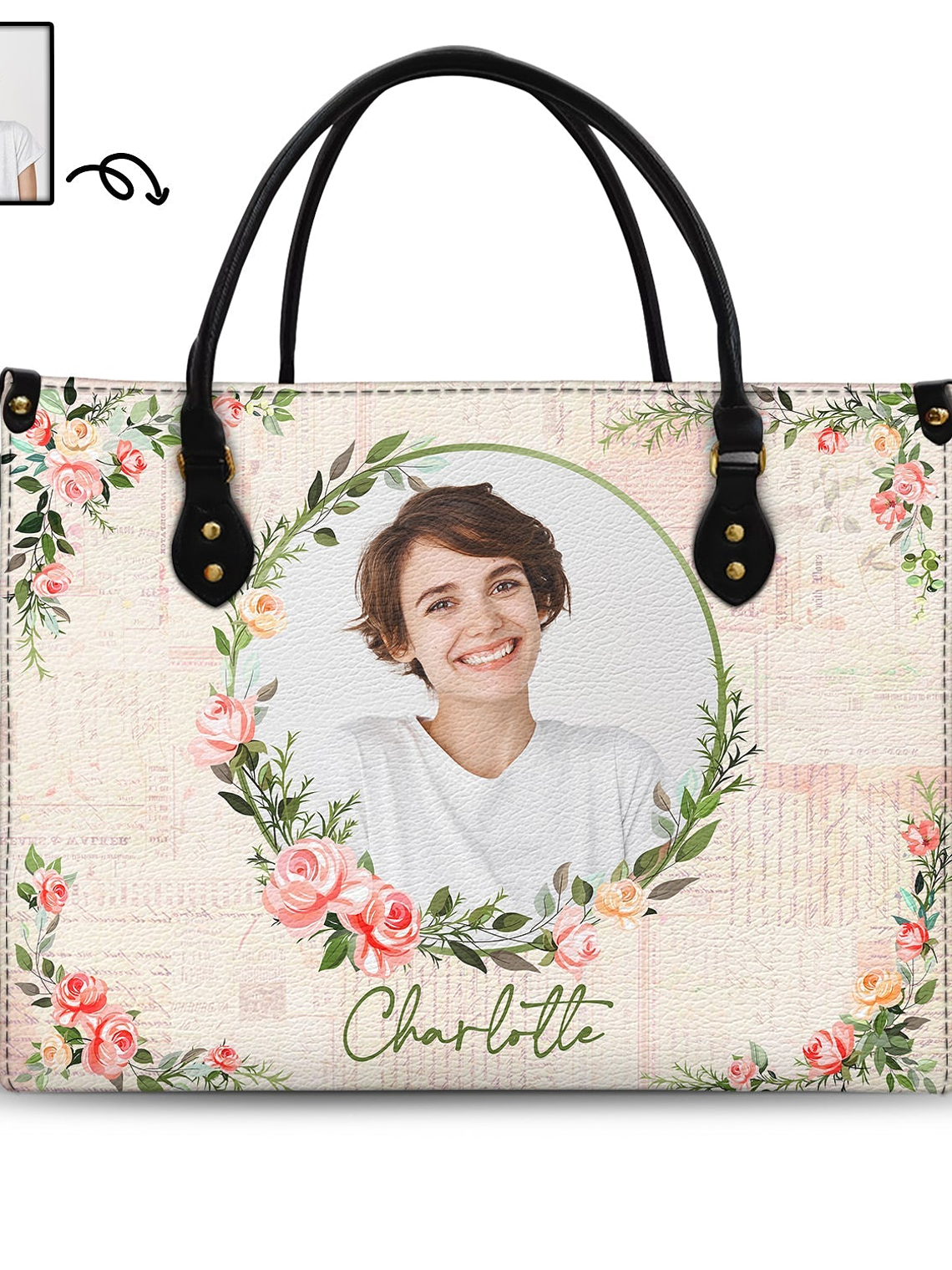 Custom Photo Floral Monogram - Gift For Her - Personalized Leather Bag 1