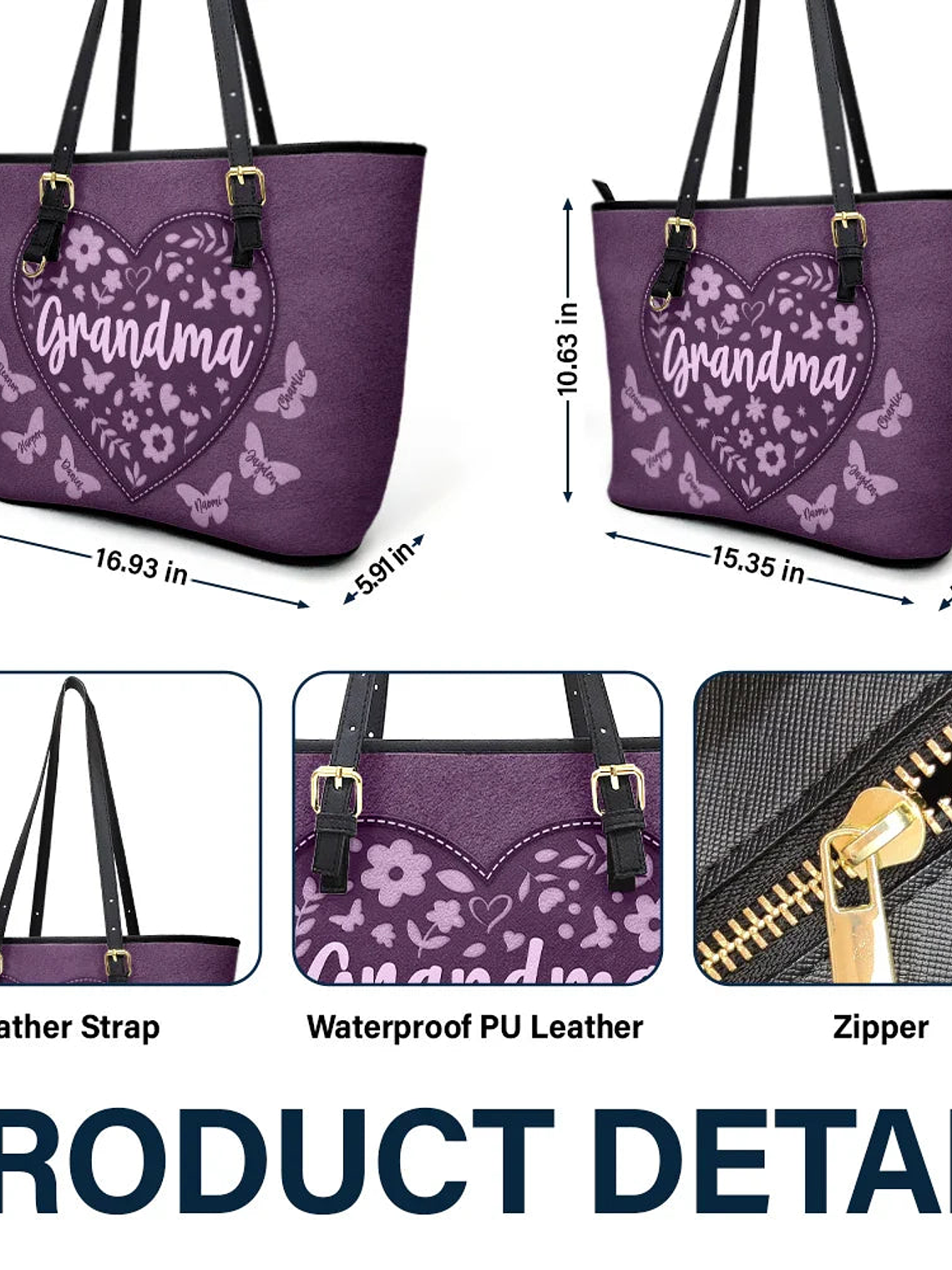 Grandma Leather Floral - Personalized Leather Tote Bag 6