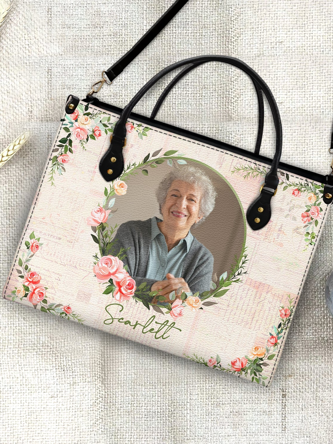 Custom Photo Floral Monogram - Gift For Her - Personalized Leather Bag 4