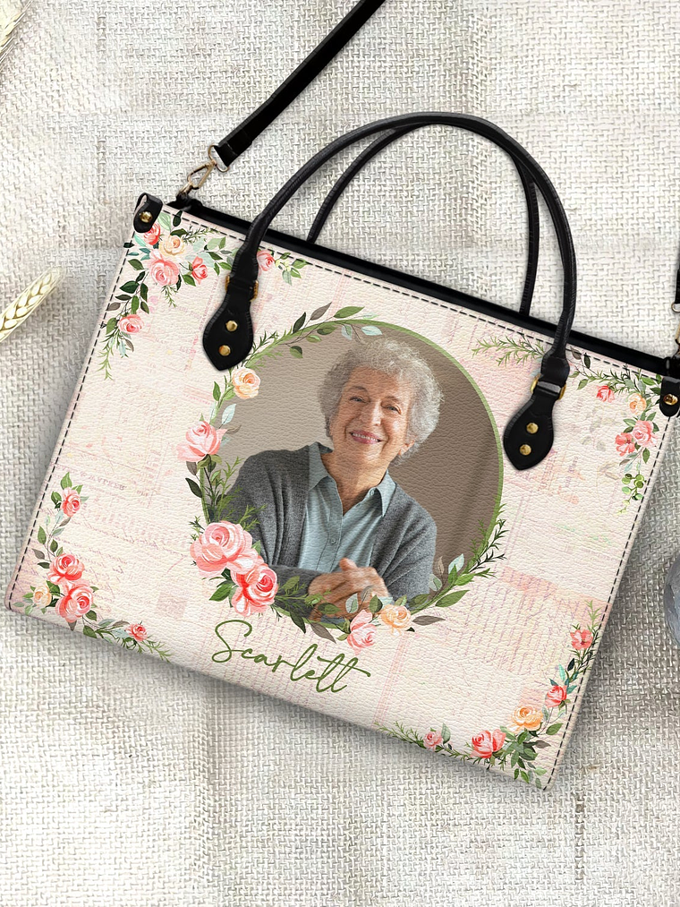 Custom Photo Floral Monogram - Gift For Her - Personalized Leather Bag 4