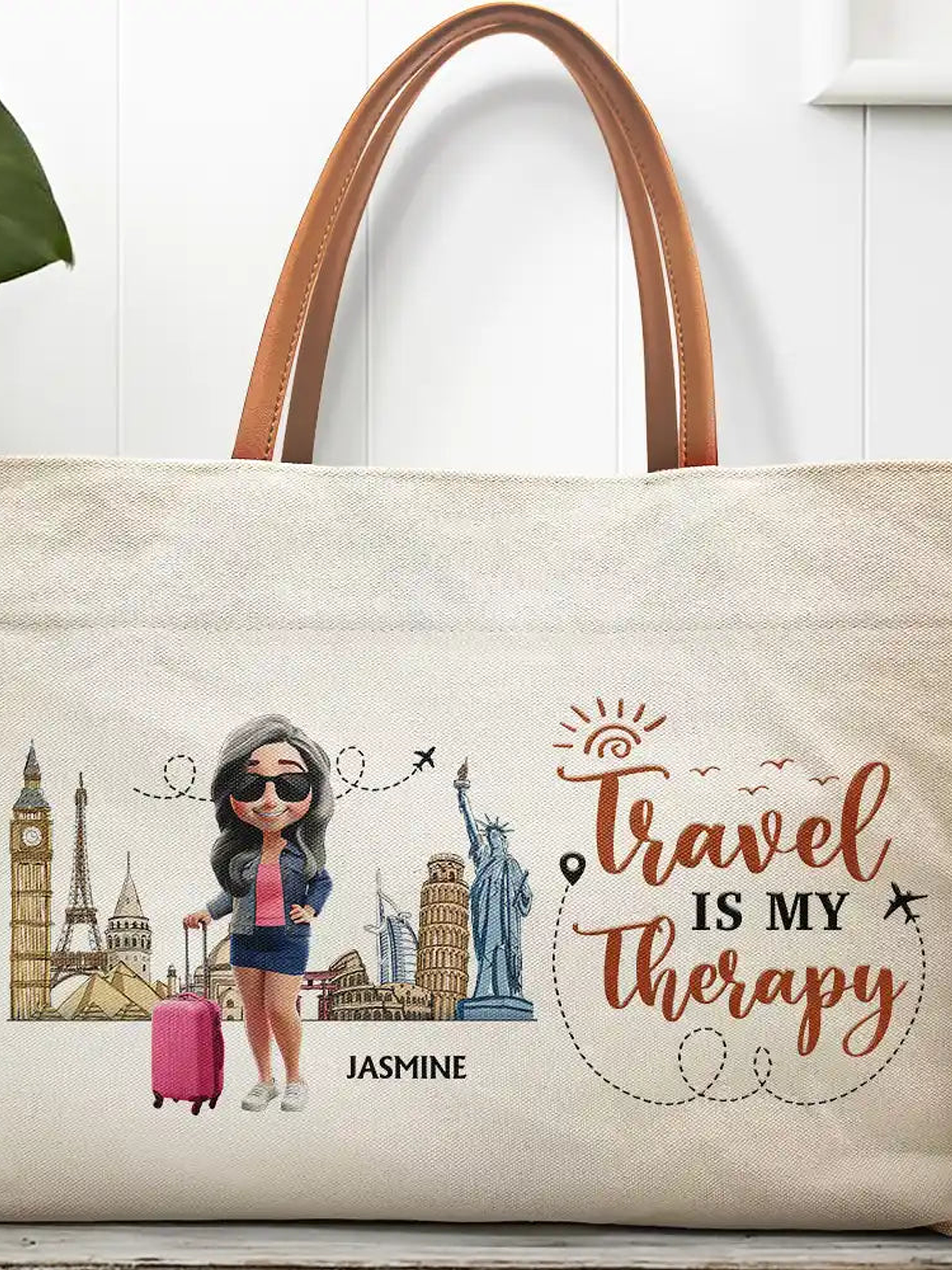 Travel Is My Therapy - Personalized Leather Handle Tote Bag 1