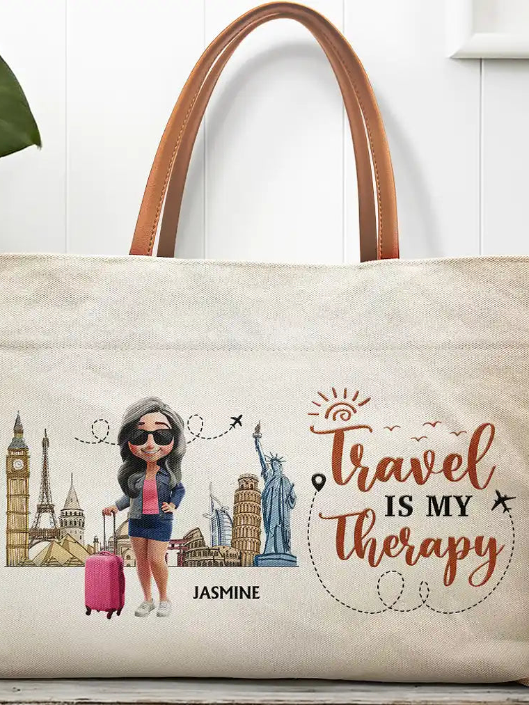 Travel Is My Therapy - Personalized Leather Handle Tote Bag 1