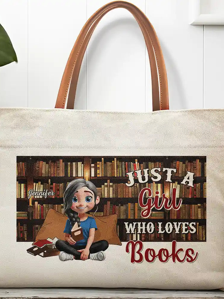 Reading Just A Girl Who Loves Books - Personalized Leather Handle Tote Bag 1