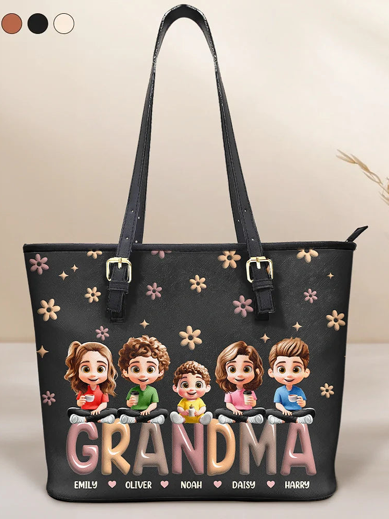 Grandma Grandkid Cartoon - Personalized Leather Tote Bag 1