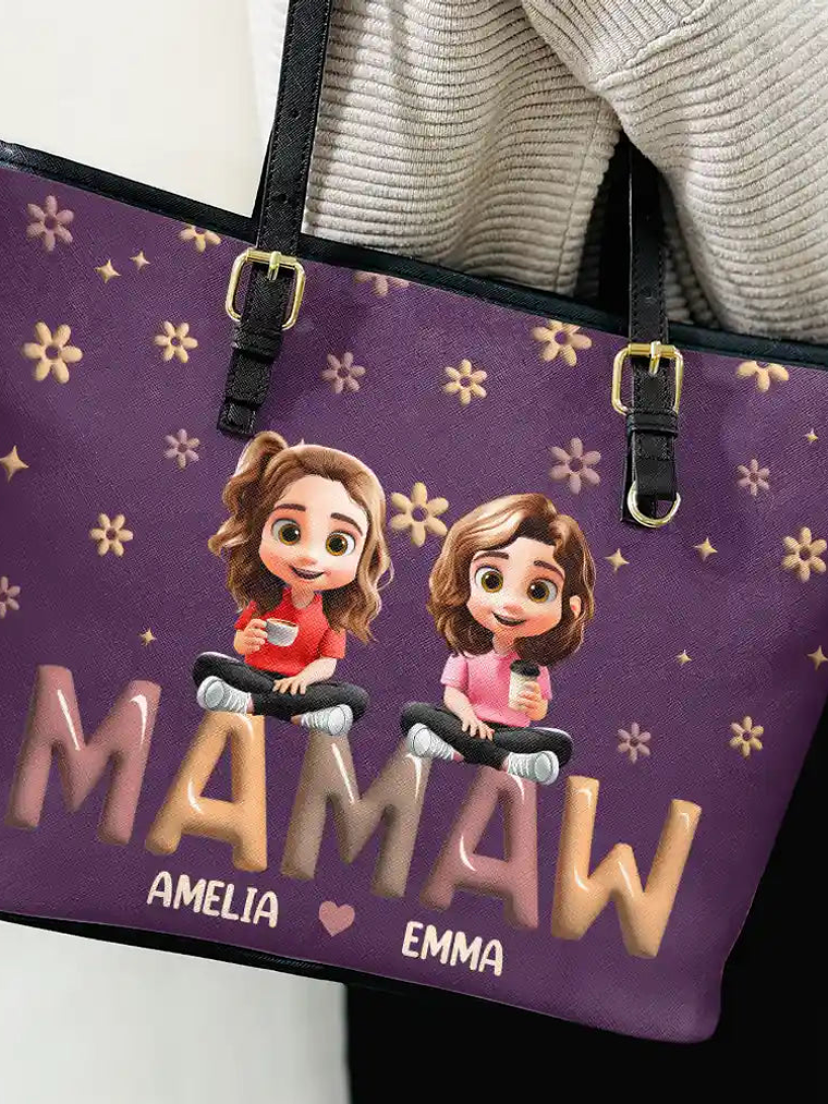 Grandma Grandkid Cartoon - Personalized Leather Tote Bag 3