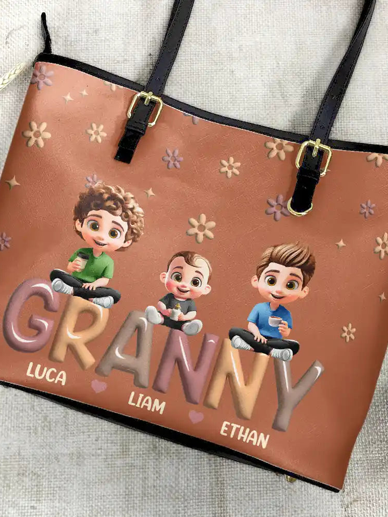 Grandma Grandkid Cartoon - Personalized Leather Tote Bag 4