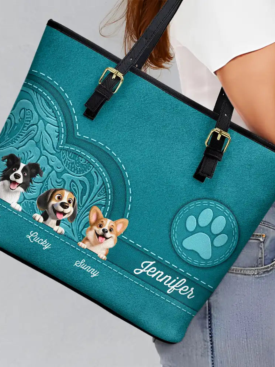 Dog Mom Cute 3D Effect Dog - Personalized Leather Tote Bag 3