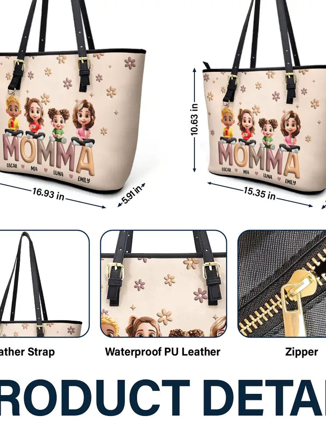 Grandma Grandkid Cartoon - Personalized Leather Tote Bag 6