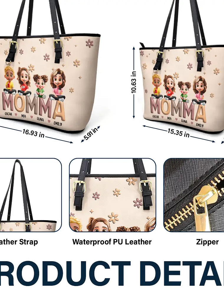 Grandma Grandkid Cartoon - Personalized Leather Tote Bag 6