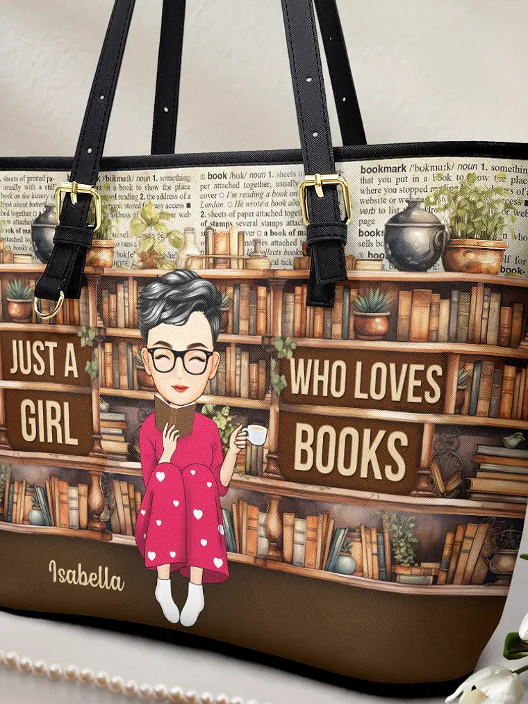 Reading Just A Girl Who Loves Books - Personalized Leather Tote Bag 2