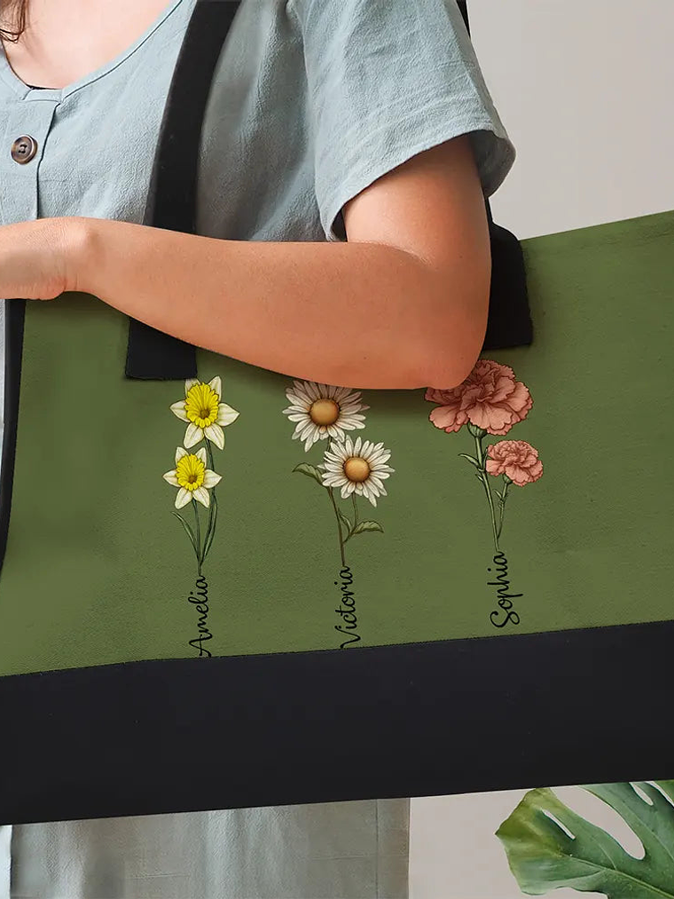 Grandma's Garden Birth Flower Bouquet - Personalized Canvas Tote Bag 3