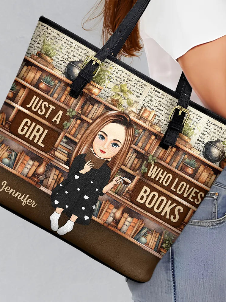 Reading Just A Girl Who Loves Books - Personalized Leather Tote Bag 3