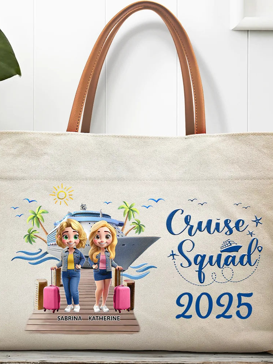 Girls Trip Bestie Traveling Cruising - Personalized Leather Handle Tote Bag 1