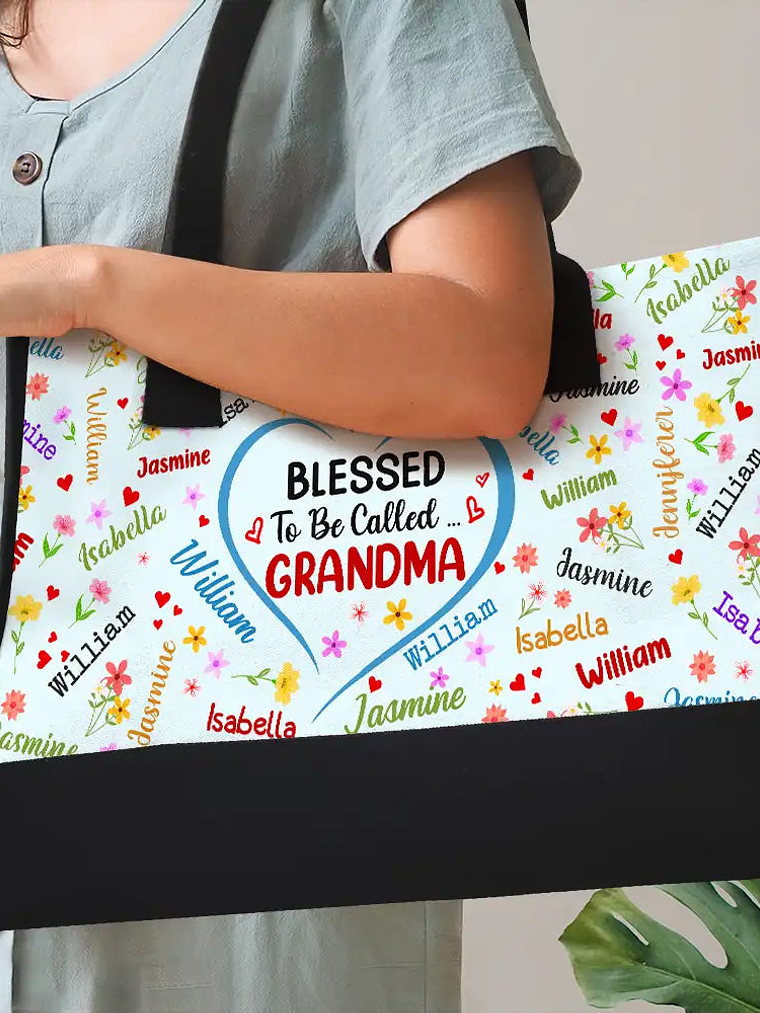 Text Pattern Bless To Be Called Grandma Nana Mom - Personalized Canvas Tote Bag 3