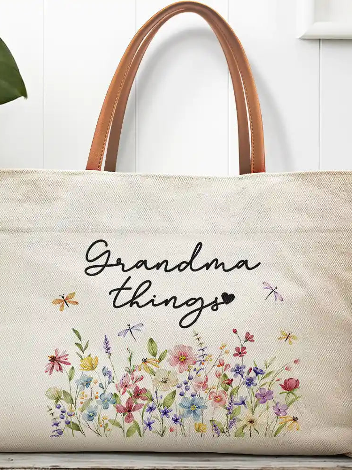 Grandma Things Grandma Getaway Bag Wild Flowers - Personalized Leather Handle Tote Bag 1