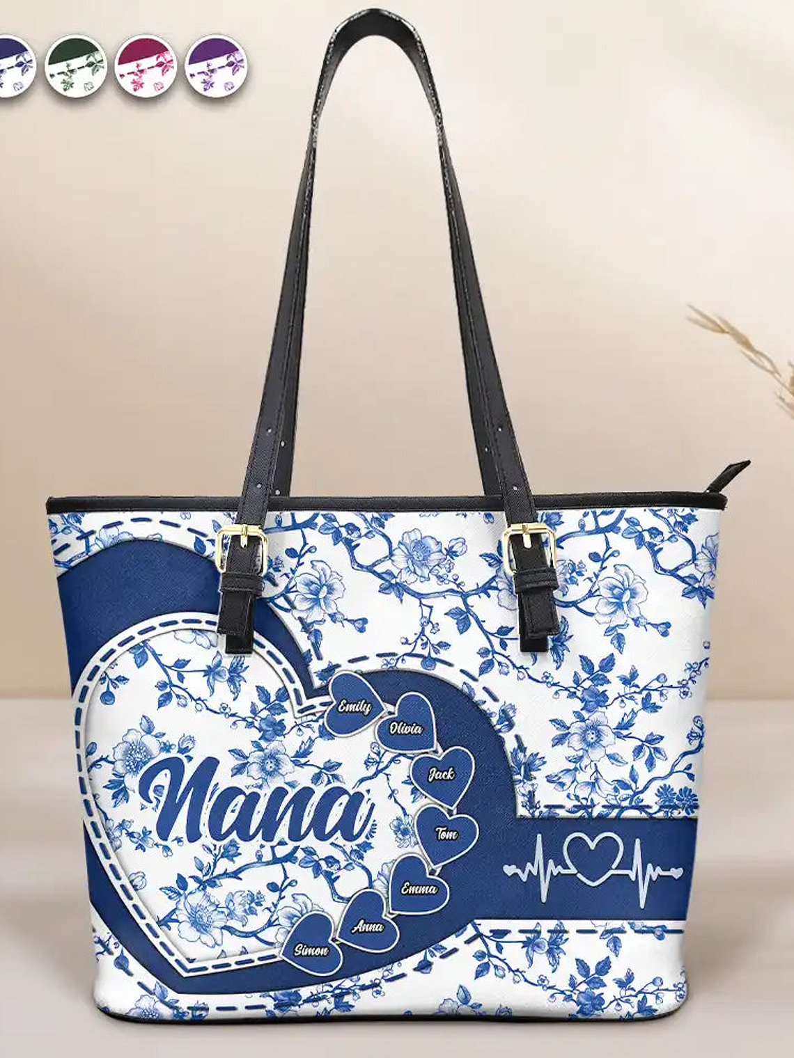 Chinoiserie Toile Grandma Mom - Personalized Leather Tote Bag 1