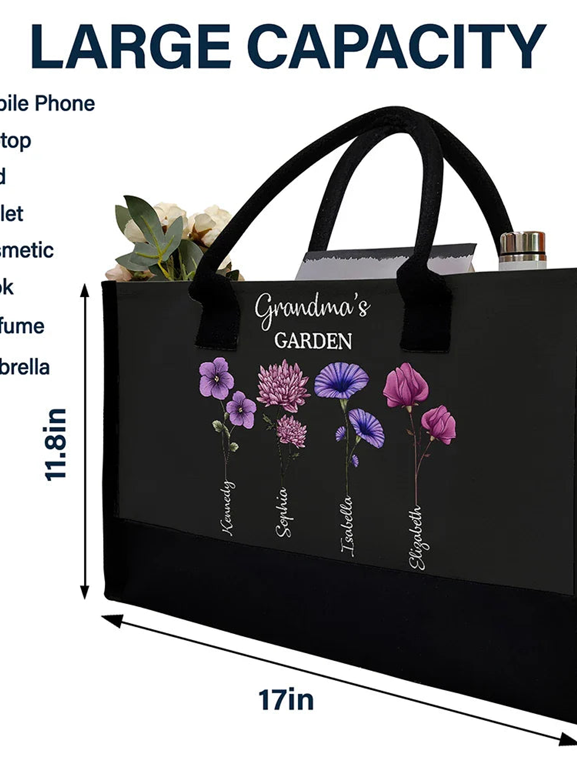Grandma's Garden Birth Flower Bouquet - Personalized Canvas Tote Bag 4