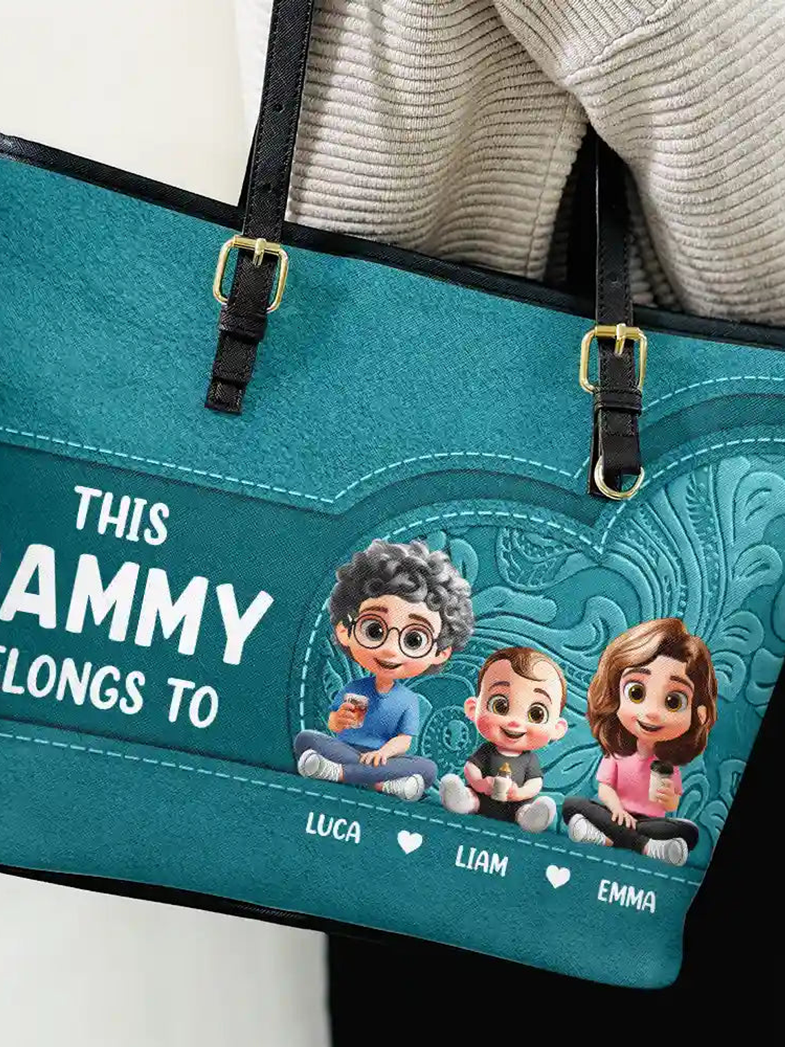 Cartoon Kid This Grandma Belongs To - Personalized Leather Tote Bag 3