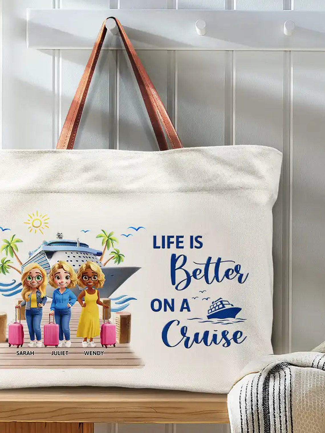 Girls Trip Bestie Traveling Cruising - Personalized Leather Handle Tote Bag 3