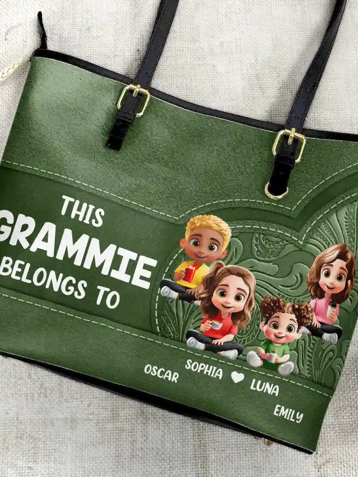 Cartoon Kid This Grandma Belongs To - Personalized Leather Tote Bag 4