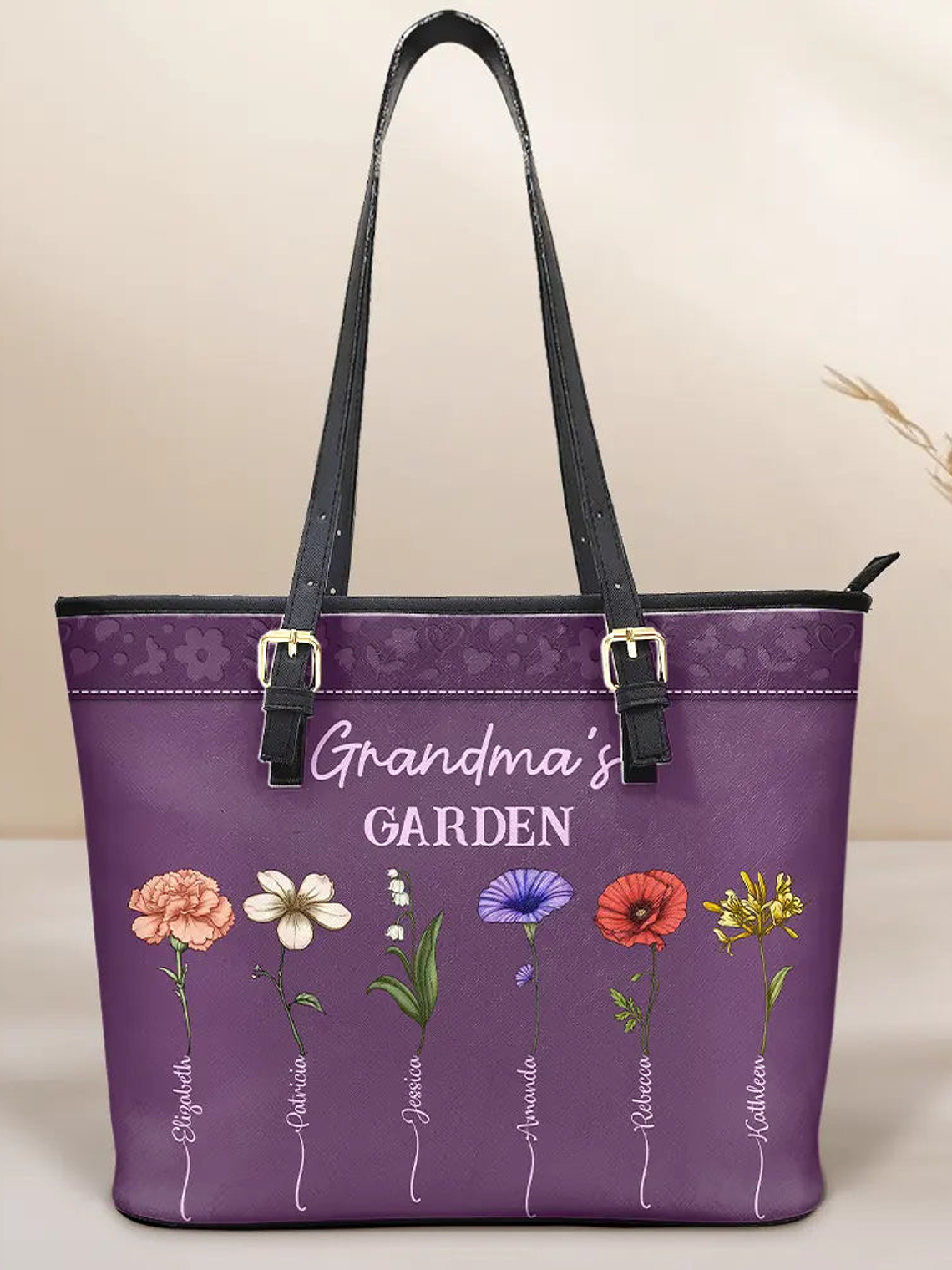 Grandma's Garden Birth Flower - Personalized Leather Tote Bag 1