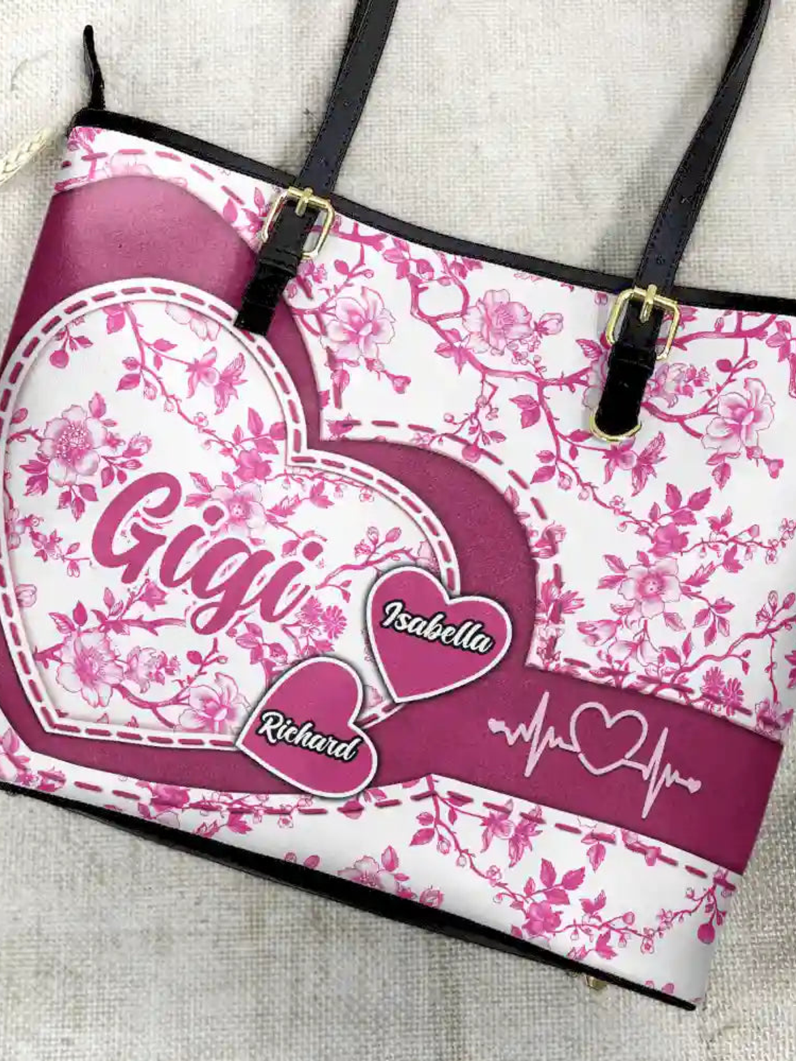 Chinoiserie Toile Grandma Mom - Personalized Leather Tote Bag 4