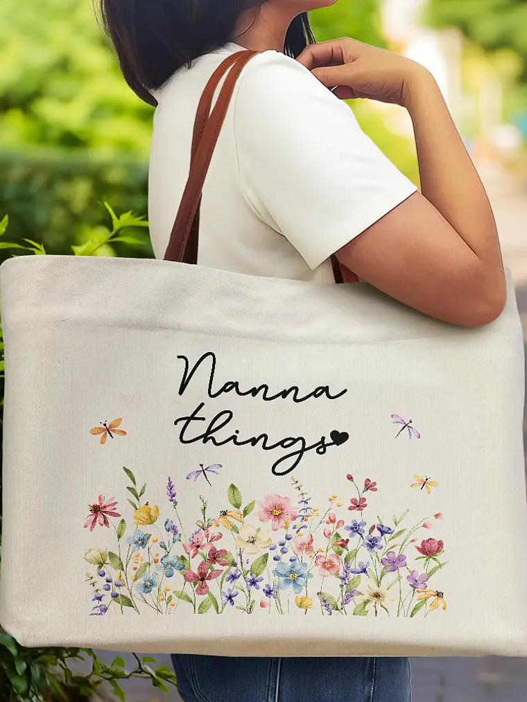 Grandma Things Grandma Getaway Bag Wild Flowers - Personalized Leather Handle Tote Bag 2