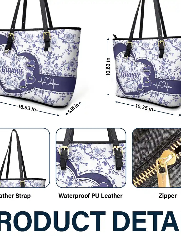 Chinoiserie Toile Grandma Mom - Personalized Leather Tote Bag 5