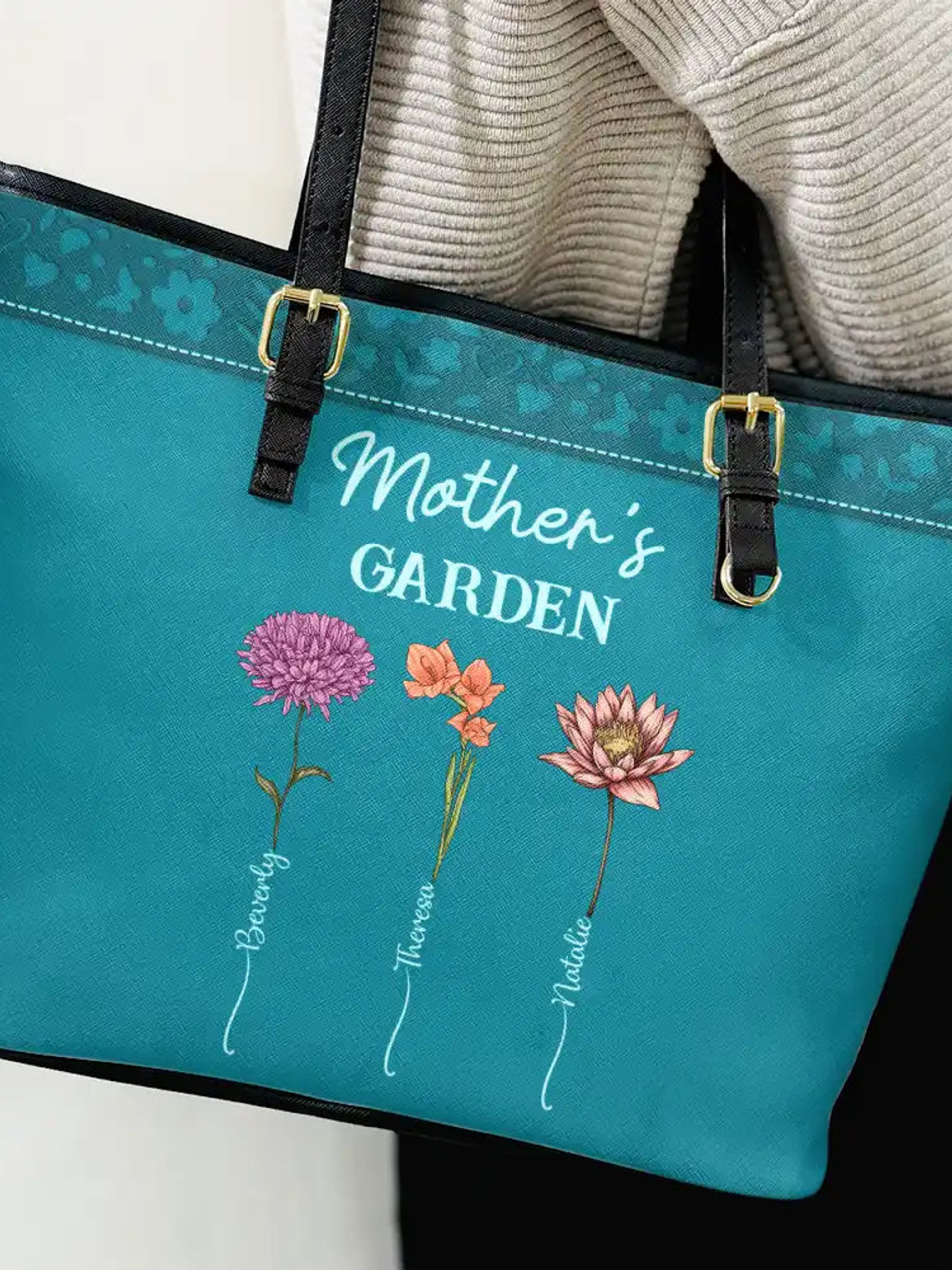 Grandma's Garden Birth Flower - Personalized Leather Tote Bag 3