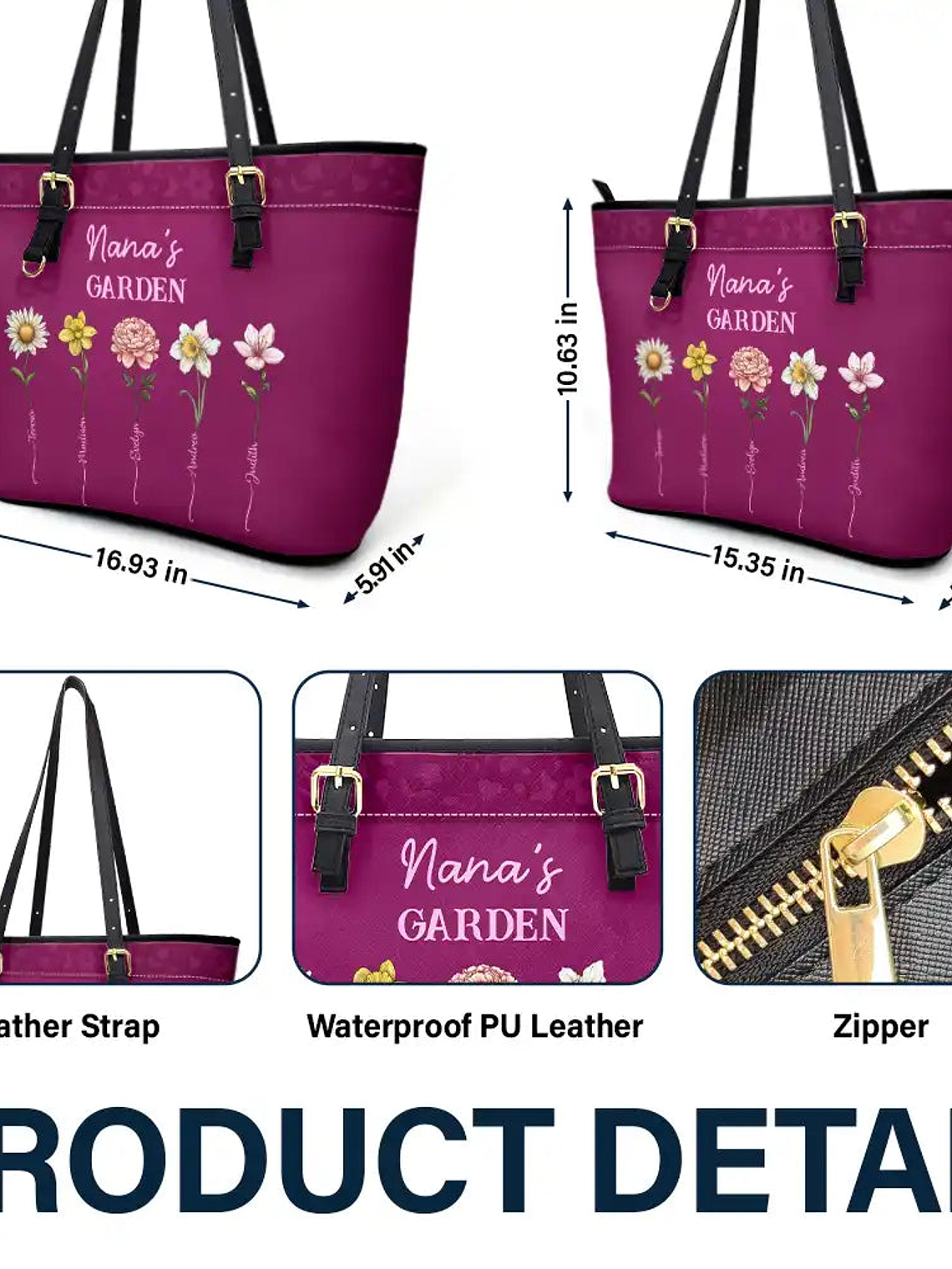 Grandma's Garden Birth Flower - Personalized Leather Tote Bag 5