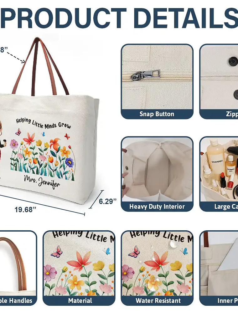 Teacher Teach Them Love Them Watch Them Grow - Personalized Leather Handle Tote Bag 4