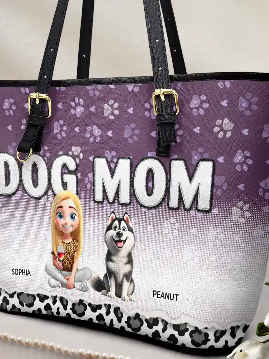 Leopard Dog Mom - Personalized Leather Tote Bag 2