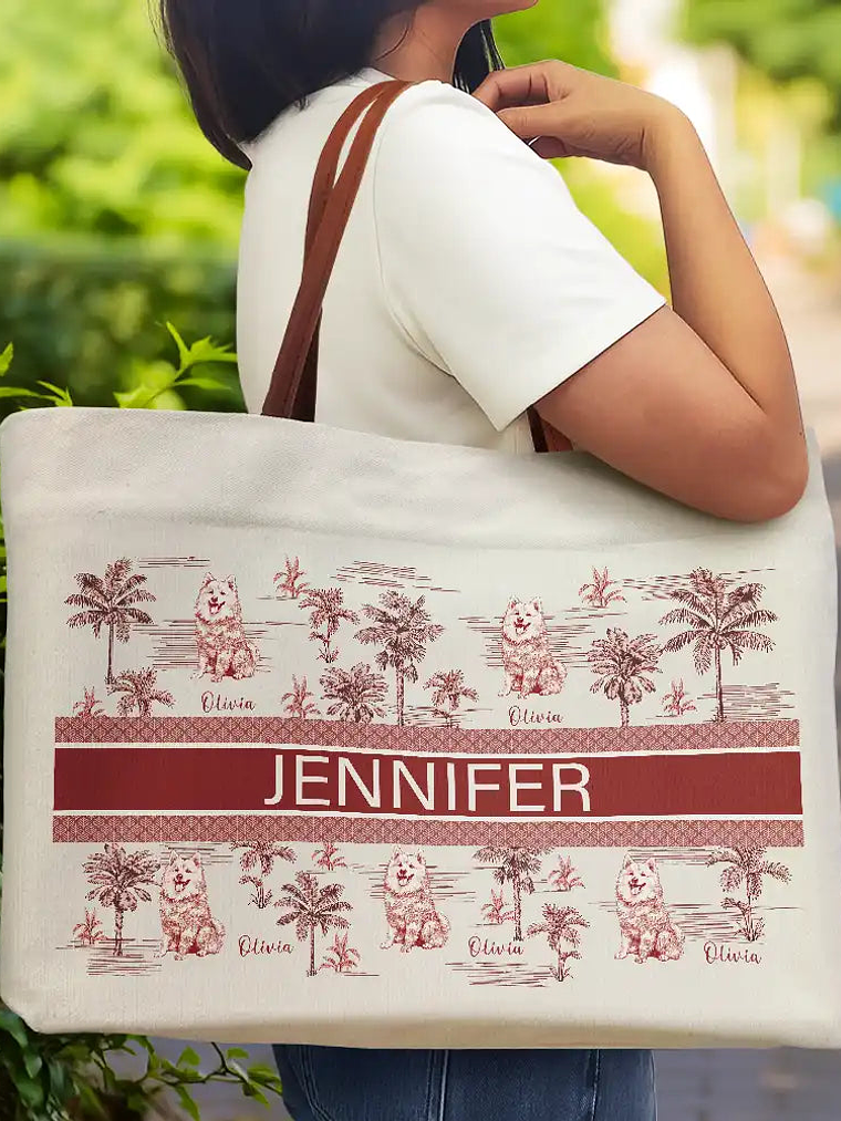 Dog Mom Dog Lovers Toile De Joey Pattern - Personalized Leather Handle Tote Bag 2