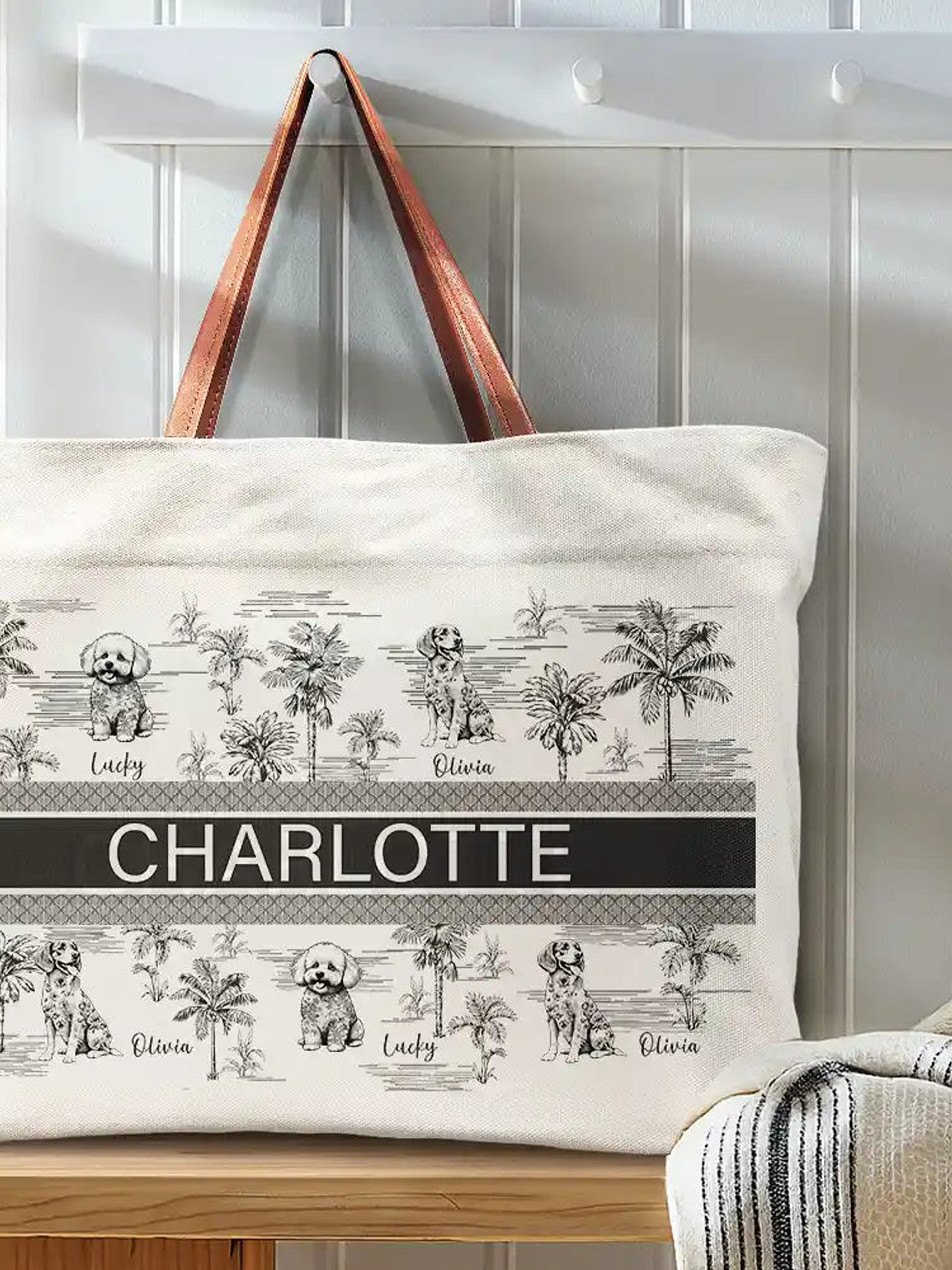 Dog Mom Dog Lovers Toile De Joey Pattern - Personalized Leather Handle Tote Bag 3
