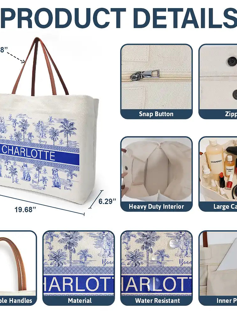 Dog Mom Dog Lovers Toile De Joey Pattern - Personalized Leather Handle Tote Bag 4