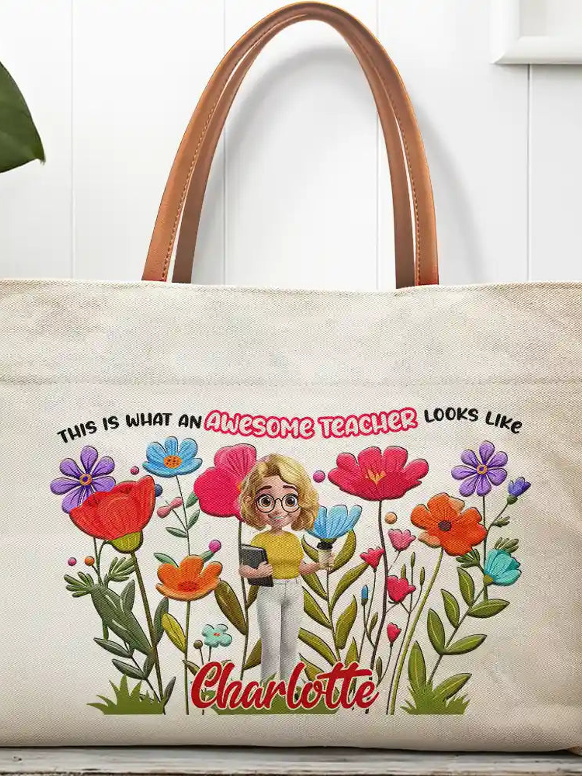 This Is What An Awesome Teacher Looks Like - Personalized Leather Handle Tote Bag 1