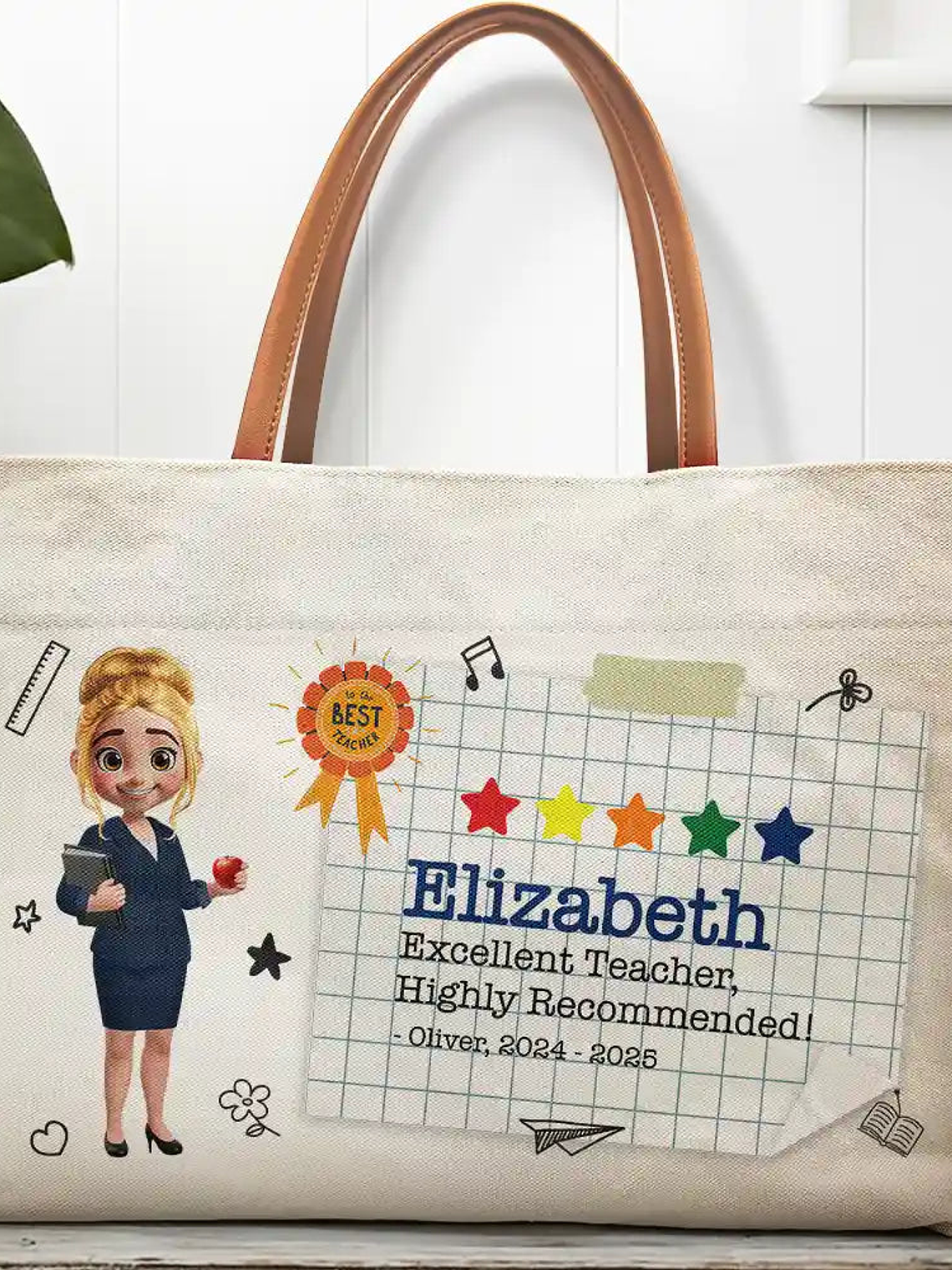 Highly Recommended Teacher - Personalized Leather Handle Tote Bag 1
